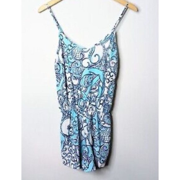 Lilly Pulitzer Deanna Romper M Medium Blue White Paisley W Belt Washable - Picture 5 of 7